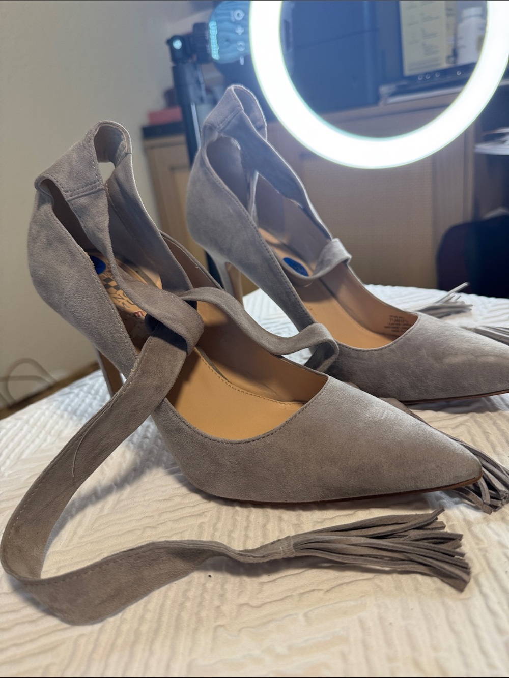 Vince Camuto Light Gray Suede Pointed-Toe Tie-Ankle Heels